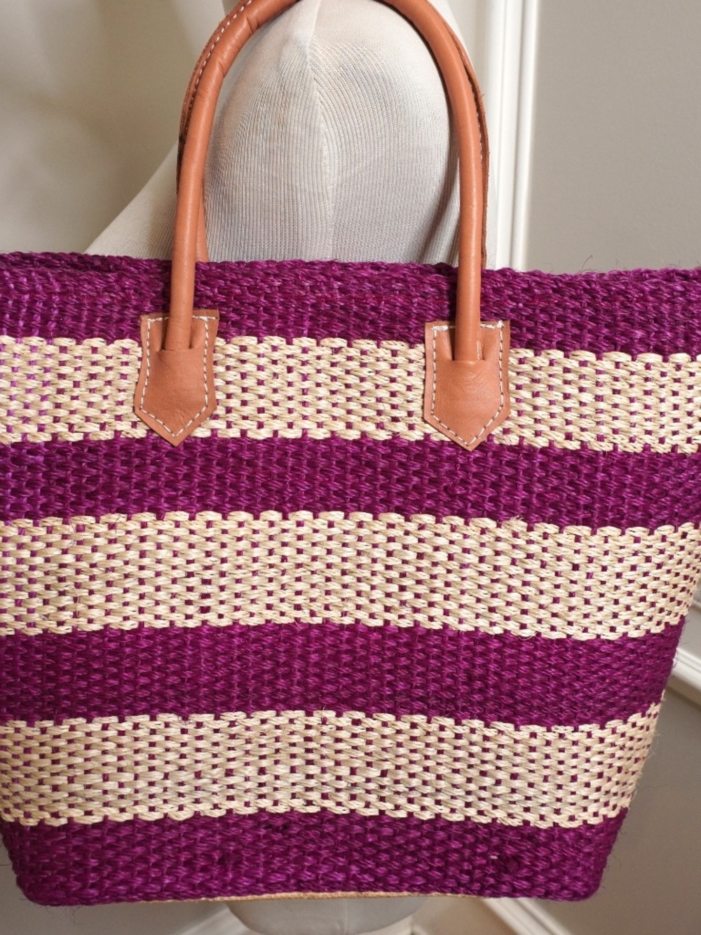Crown & Ivy striped straw tote featuring pink and beige woven material with brow - Picture 2 of 6